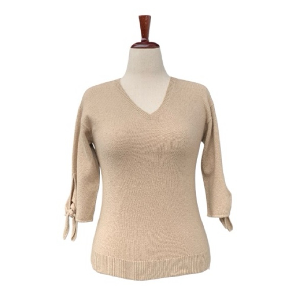 Loft Elegant V-Neck Beige Tan Lightweight Sweater Tie Knot on Sleeves Size XXSP